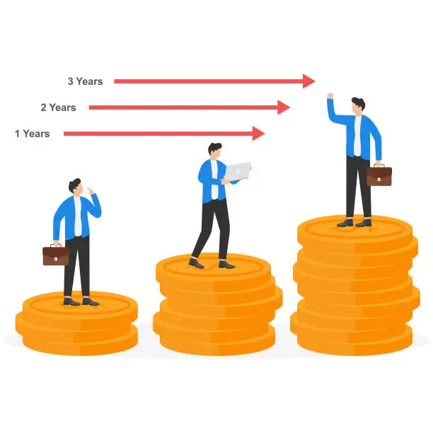 Vector illustration of Businessman standing on pile of coins their wealth based on length of work in office. Human resources concept.