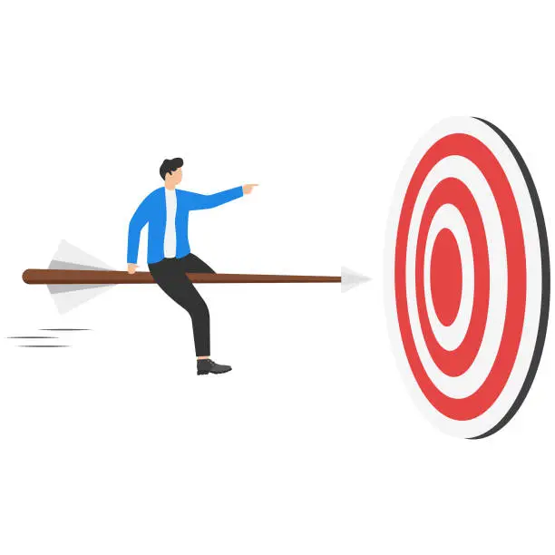 Vector illustration of Business success achievement, leadership to survive and win business strategy or setting goal and target concept, smart business man worker riding speed arrow precisely aiming at target bullseye.