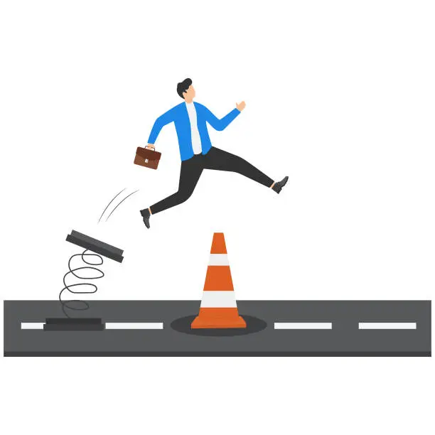 Vector illustration of Overcome business obstacle, smart bravery businessman run the way around and jump pass traffic pylon roadblock.