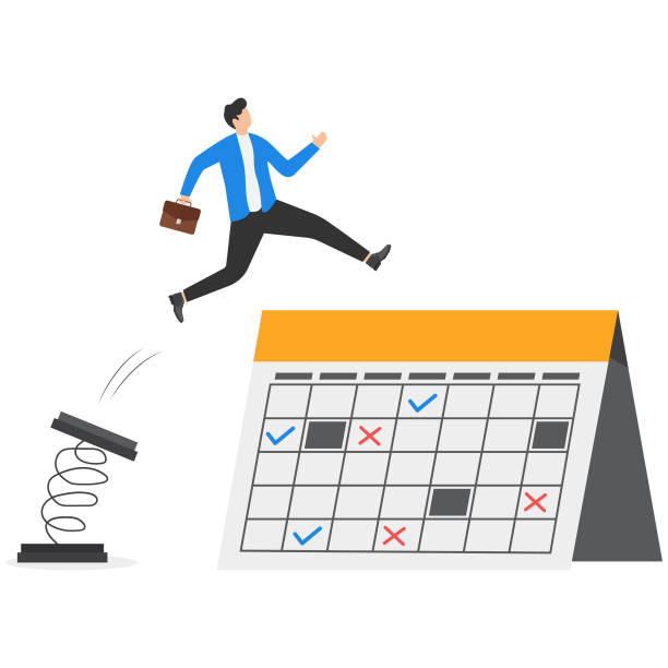 istock Businessman with suitcase jumping in front of calendar. Schedule and planning concept. 2134730570