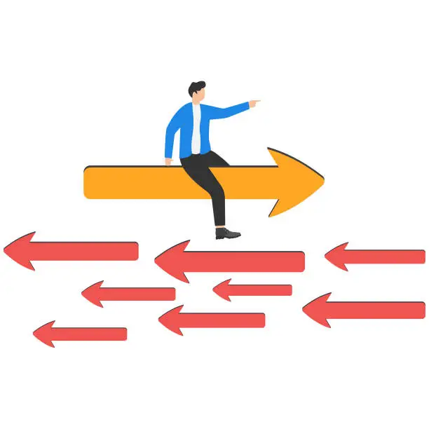 Vector illustration of Contrary investment, be different in opposite direction concept, businessman riding arrow in different direction or other people or mainstream.