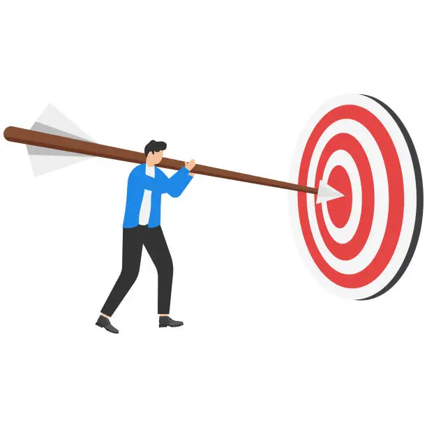 Vector illustration of A leader holding dart and jumping to goal target. success and reaching for target and goal concept.