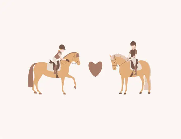 Vector illustration of Cute girls on a ponies and a heart