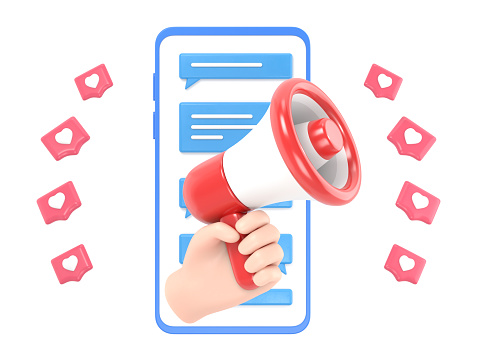 Post information alert from hand with megaphone or loudspeaker on a phone with pin like. Flat cartoon announce notification banner sign.3D rendering on white background.