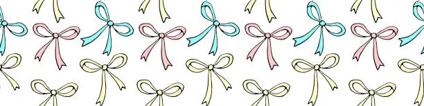 Vector illustration of Seamless pattern with small color outline bows, ribbons. Cute fun simple abstract vector background, texture for fabric, wrapping paper, girls design