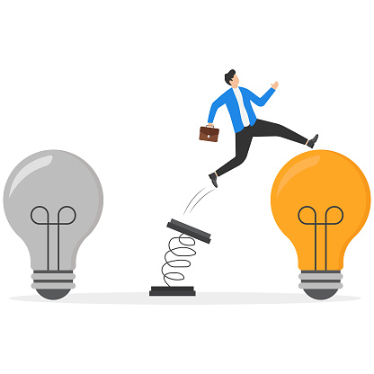 Business transformation, change management or transition to better innovative company, improvement and adaptation to new normal concepts, smart business man jump from old to new shiny lightbulb ideas.