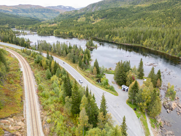 An aerial view of a peaceful landscape, featuring a road and a railway line that follow the curves of a calm river. Amidst the thick forest, there is a small parking area with a few vehicles which might be a rest stop or viewpoint, indicating some human presence in this serene location.