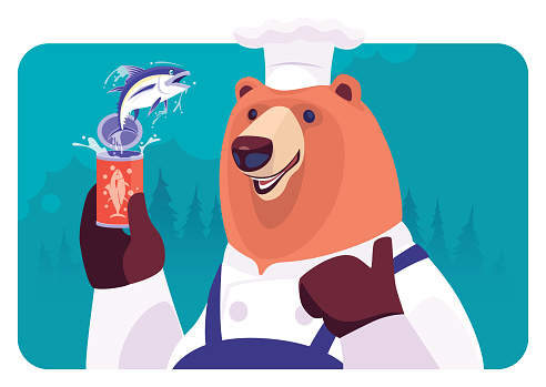 vector illustration of happy chef bear holding can with jumping fish and cheering
