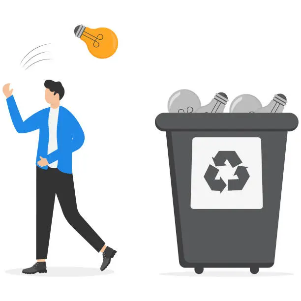 Vector illustration of Wasted unworkable ideas, business failure or too many abandoned projects concept, frustrated businessman throw away lightbulb idea into full of junk idea in basket bin.