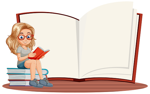 Cartoon girl reading atop a pile of books