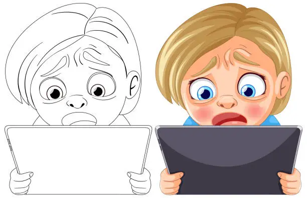 Vector illustration of Two children looking at tablets with worried expressions.