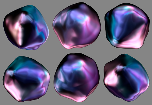 Fluid iridescent 3D blobs. Set of 6 design elements, isolated on gray.