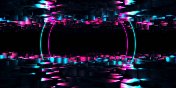 istock Geometric mock up design glowing neon lights.. Exhibition background 2134792340