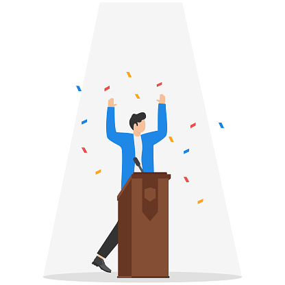 Businessman speaking in public on stage with podium, microphones, spotlight on. Сonfident, charisma and expression to win the audience. Vector illustration.