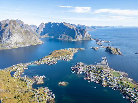 A spectacular high angle view of the famous Reine fisherman's village on the Lofoten Islands, Norway