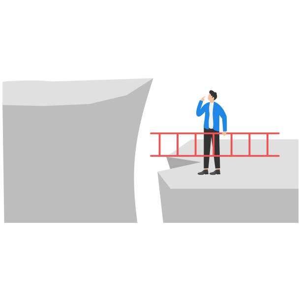 solution to solve problem, motivation for business growth, improvement or brave to overcome difficulty or obstacle concept, confidence businessman holding ladder about to climb cross to higher cliff. - cliff ladder business problems stock illustrations