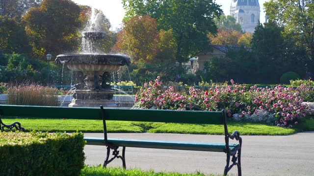 Vienna, Austria - June 17, 2023: Volksgarten. Fountain in the center of the Rose Park. Morning atmosphere in the city