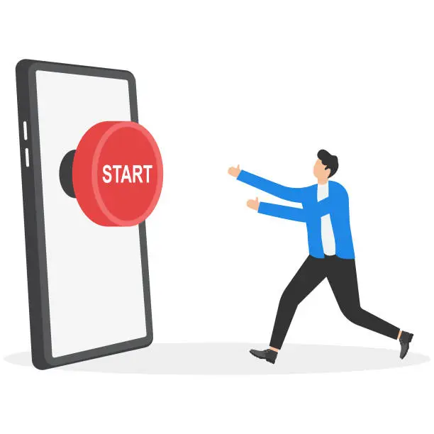 Vector illustration of Push start button to start new business, entrepreneur to begin new company, startup to launch project, opportunity, decision to make or motivation concept, businessman run to push red start button.