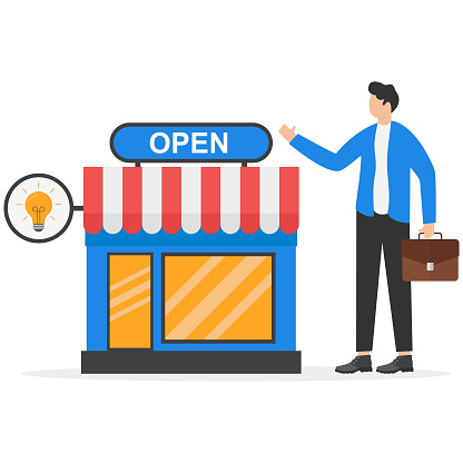 Businessman standing with his new opening company or store front. Owner and entrepreneur start small business or retail shop, open store front or online shop concept.