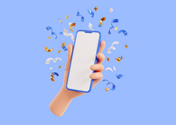 istock Human hand holding mobile phone with confetti 3d render. 2134824600