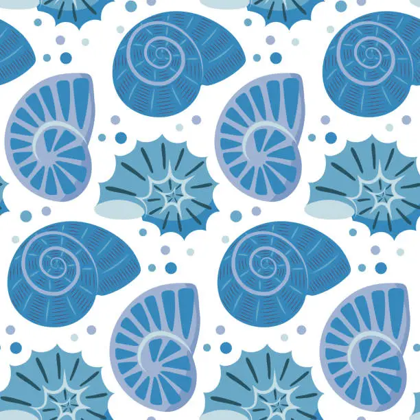 Vector illustration of seamless pattern with sea shells. Summer background