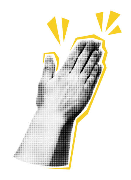 Collage element clapping applauding hands vector illustration Collage element of clapping hands. Halftone applauding hands gesture. Cut out of magazine shapes. Success, appreciation, celebration. Grunge modern retro vector illustration on transparent background popart hand stock illustrations