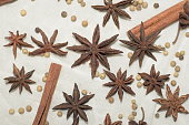 Various kind of herb and cooking ingredients such as star anise, white pepper and cinnamon.
