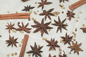 Various kind of herb and cooking ingredients such as star anise, white pepper and cinnamon.