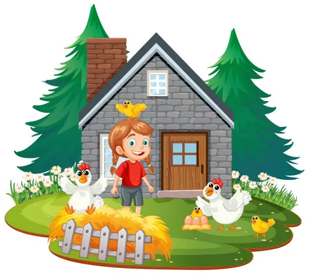 Vector illustration of Smiling boy surrounded by chickens outside a stone house.