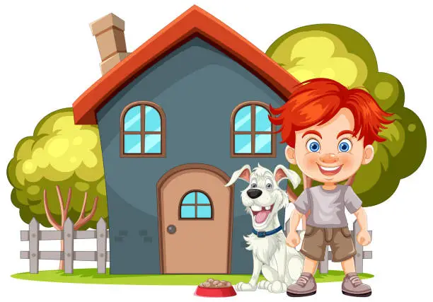 Vector illustration of Smiling boy with pet dog in front of house