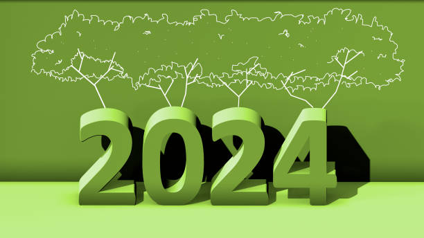 istock 3d rendering Green theme on text 2024 decorate near wall for concept sustainable to protect environment by use sustainable energy, 3d illustration. 2134881374