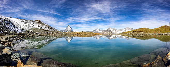 Near Gornergrat, Zermatt - A serene mountain lake mirrors the iconic Matterhorn and surrounding peaks, offering a moment of reflection amidst the grandeur of the Swiss Alps.