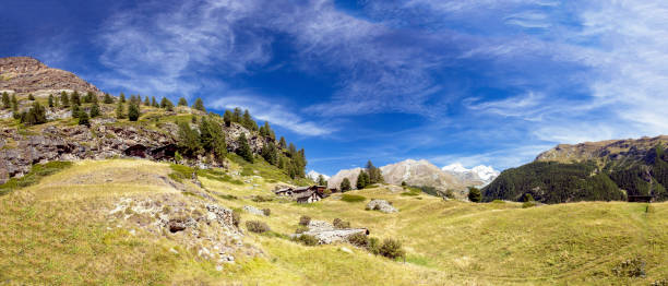 Embracing the vastness of the Swiss Alps, this panoramic view near Zermatt showcases the tranquil beauty of alpine meadows dotted with traditional houses, under the expansive blue sky.