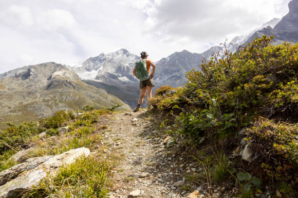 Zinal, Switzerland - A hiker pauses to admire the view on the trail to 'Le Cabane du Petit Mountet', surrounded by the rugged beauty of the Swiss Alps.