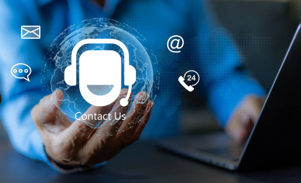 istock Human holding with call center on screen contact us, email, address, operator, customer, suppor, phone services agen, customer support hotline.contact us concept 2134886152