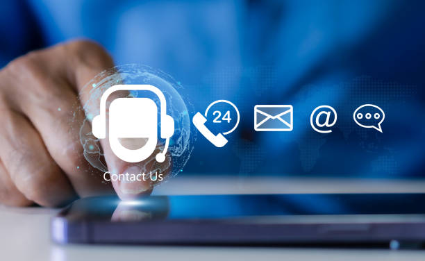 istock Human with call center on screen contact us, email, address, operator, customer, suppor, phone services agen, customer support hotline, corporate world and customer care 2134886158
