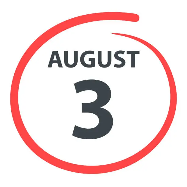 Vector illustration of August 3 - Date circled in red on white background