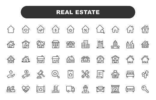 Real Estate Line Icons. Editable Stroke. Contains such icons as Building, Family, Keys, Mortgage, Construction, Household, Moving, Home, House.