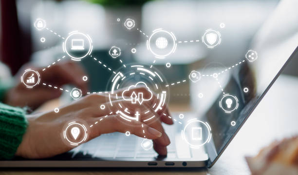 human use laptop with cloud technology transfer, data storage, network, internet, server services, online, system for sharing download and upload big data information, backup service concept - enjoliveur photos et images de collection