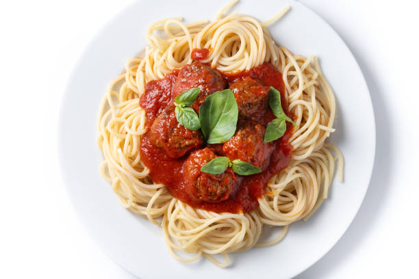 istock Spaghetti with meatballs isolated on white background 2134894635