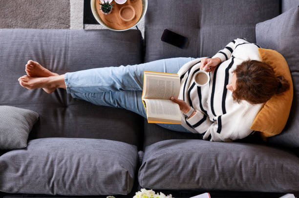 high angle shot of a young woman reading a book on the sofa at home - lido imagens e fotografias de stock