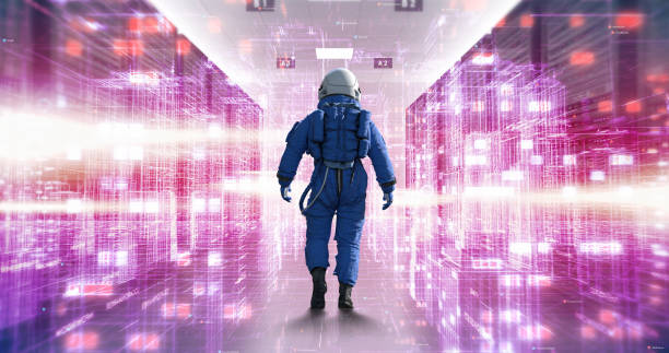 Journey to the Future: Astronaut Walks Through AI-Managed Server Room. Technology Related 3D CG Animation.