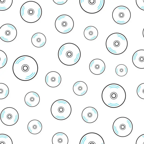 Vector illustration of CD or DVD. Seamless pattern. Line icons on white background