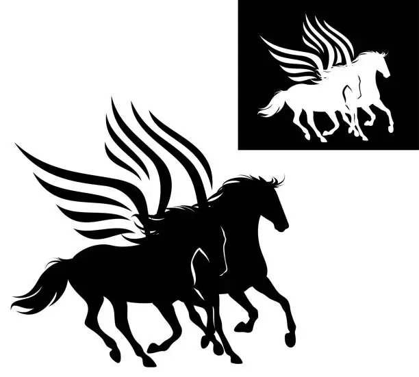 Vector illustration of two winged pegasus horses black and white vector silhouette outline