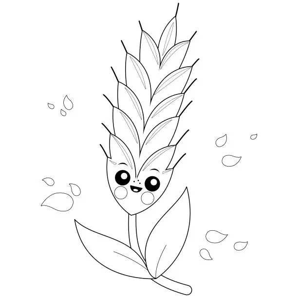 Vector illustration of Wheat character. Cute cartoon cereal plant barley. Vector black and white coloring page.