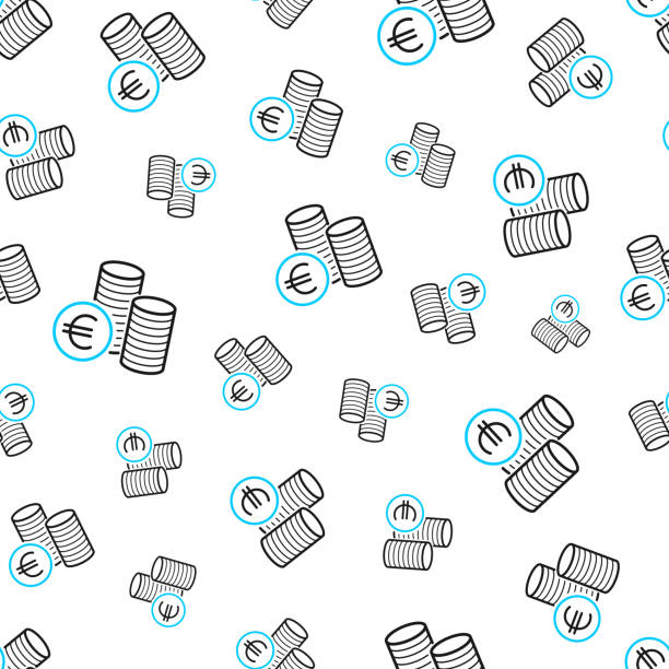 Euro coins stacks. Seamless pattern. Line icons on white background Seamless pattern with a icon of "Euro coins stacks". Black and blue line icon isolated on a blank background. Vector Illustration (EPS file, well layered and grouped). Easy to edit, manipulate, resize or colorize. Vector and Jpeg file of different sizes. background of a euro coins stock illustrations
