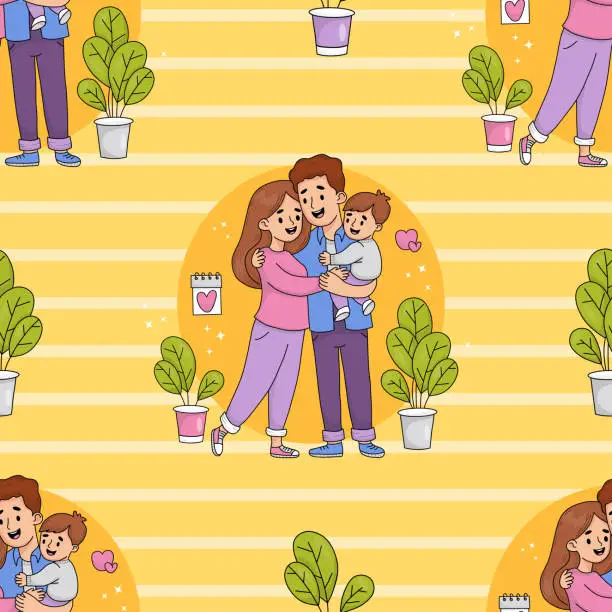 Vector illustration of Seamless pattern with cute family. Happy man father hugs his wife and holds son in his arms on yellow striped background. Vector illustration in colored hand drawn style