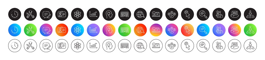 Time, Management and Online documentation line icons. Round icon gradient buttons. Pack of Video conference, Chemistry atom, Write icon. Cut tax, Cursor, Music phone pictogram. Vector