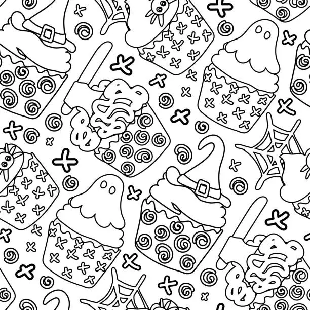 Vector illustration of Pattern of linear cupcakes for Halloween. Pastries in the form of muffins with a witch's hat, brains, ghost, spider. Cartoon vector. Wrapping paper for Halloween, cover, pattern, fabric. White