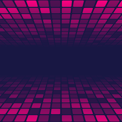 Modern and trendy background. Geometric design with a mosaic of squares on top and bottom, looking like a dance floor. Beautiful color gradient. This illustration can be used for your design, with space for your text (colors used: Pink, Purple, Black). Vector Illustration (EPS file, well layered and grouped), square format (1:1). Easy to edit, manipulate, resize or colorize. Vector and Jpeg file of different sizes.